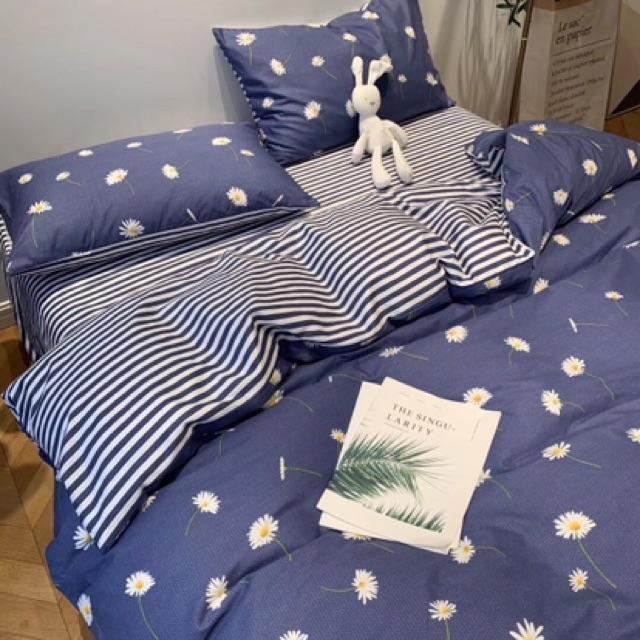 Set Chăn Ga Gối Cotton Living Hàng Nhập Khẩu Cao Cấp 4 Món Cúc Hoạ Mi Xanh
