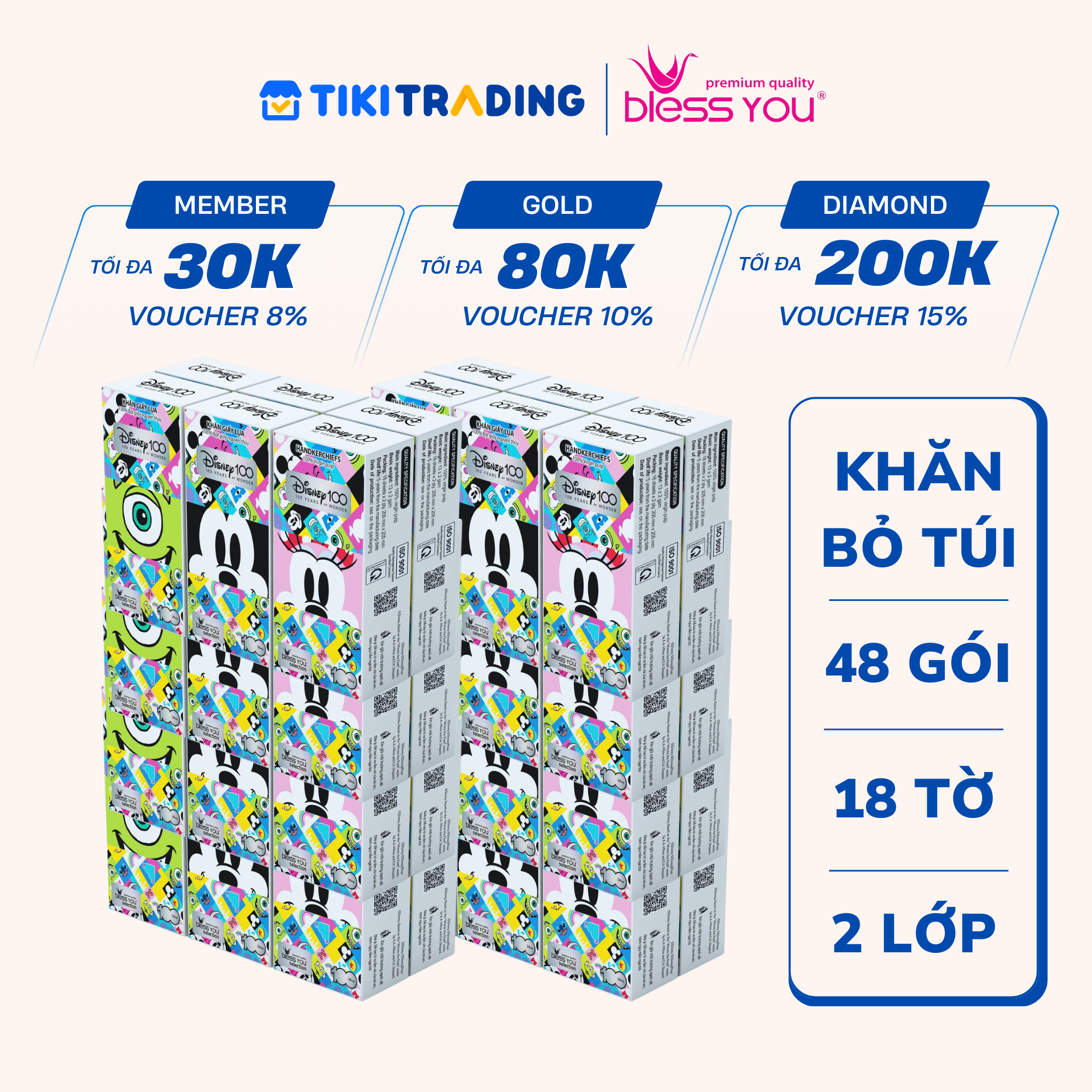 Combo 8 Lốc Khăn Giấy Lụa Rút Trên Bless You Selection Disney 18 Tờ (Lốc 6 gói)