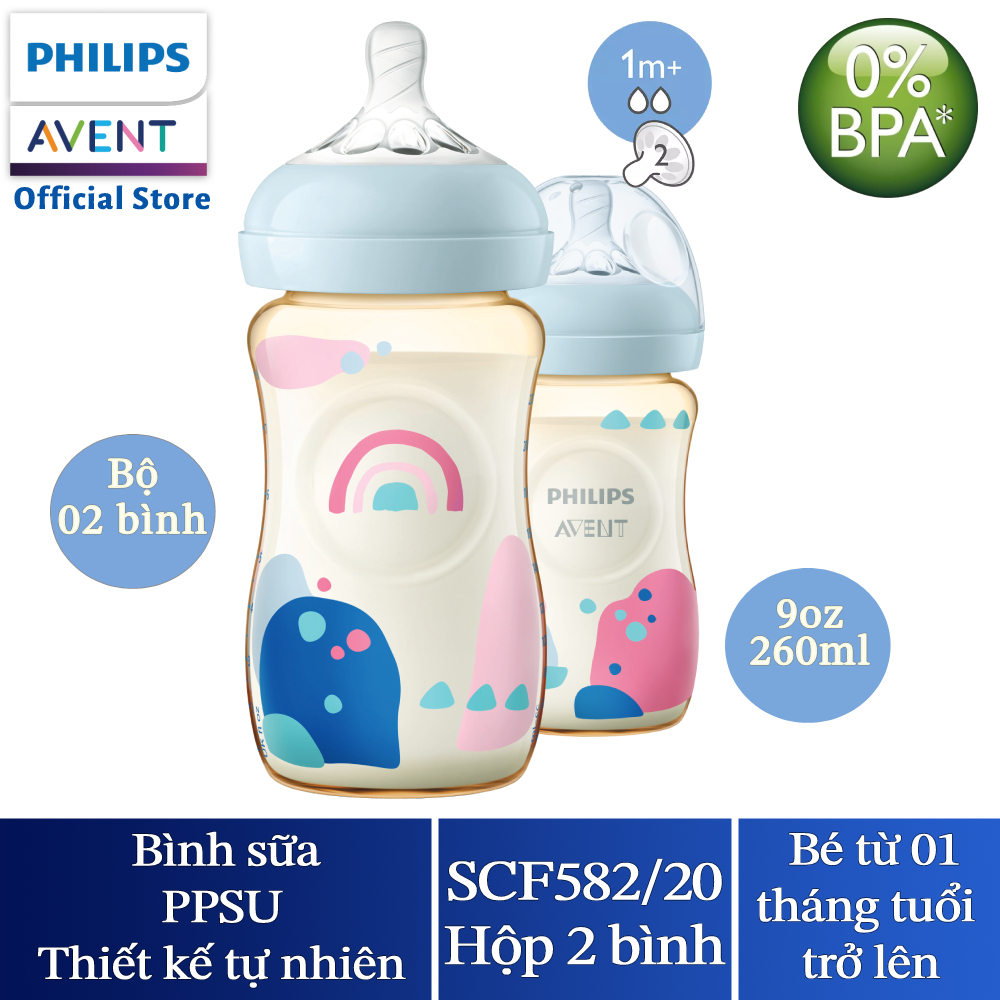 Philips Avent Hộp 2 Bình sữa PPSU thiết kế tự nhiên 260ml cho trẻ từ 1 tháng tuổi SCF582/20