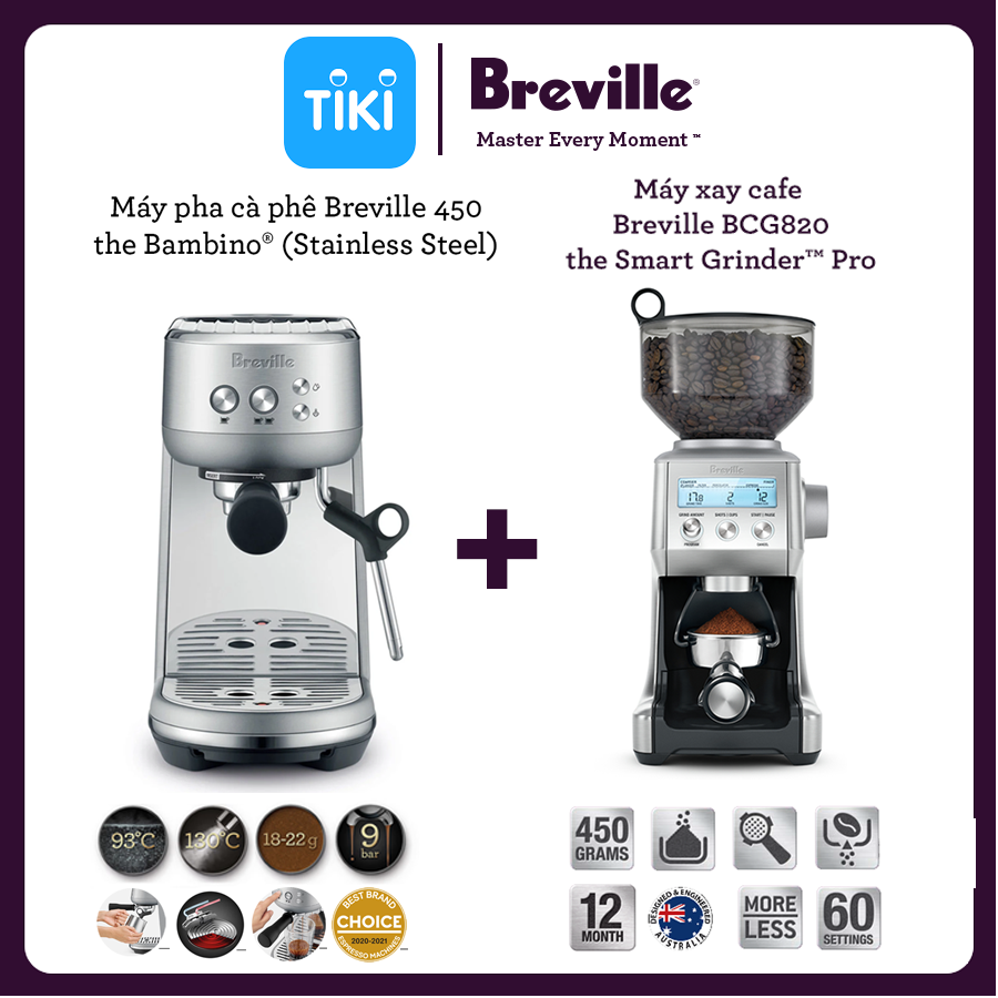 Combo máy pha cafe và máy xay Breville BES450BSS và BCG820BSS - Hàng chính hãng