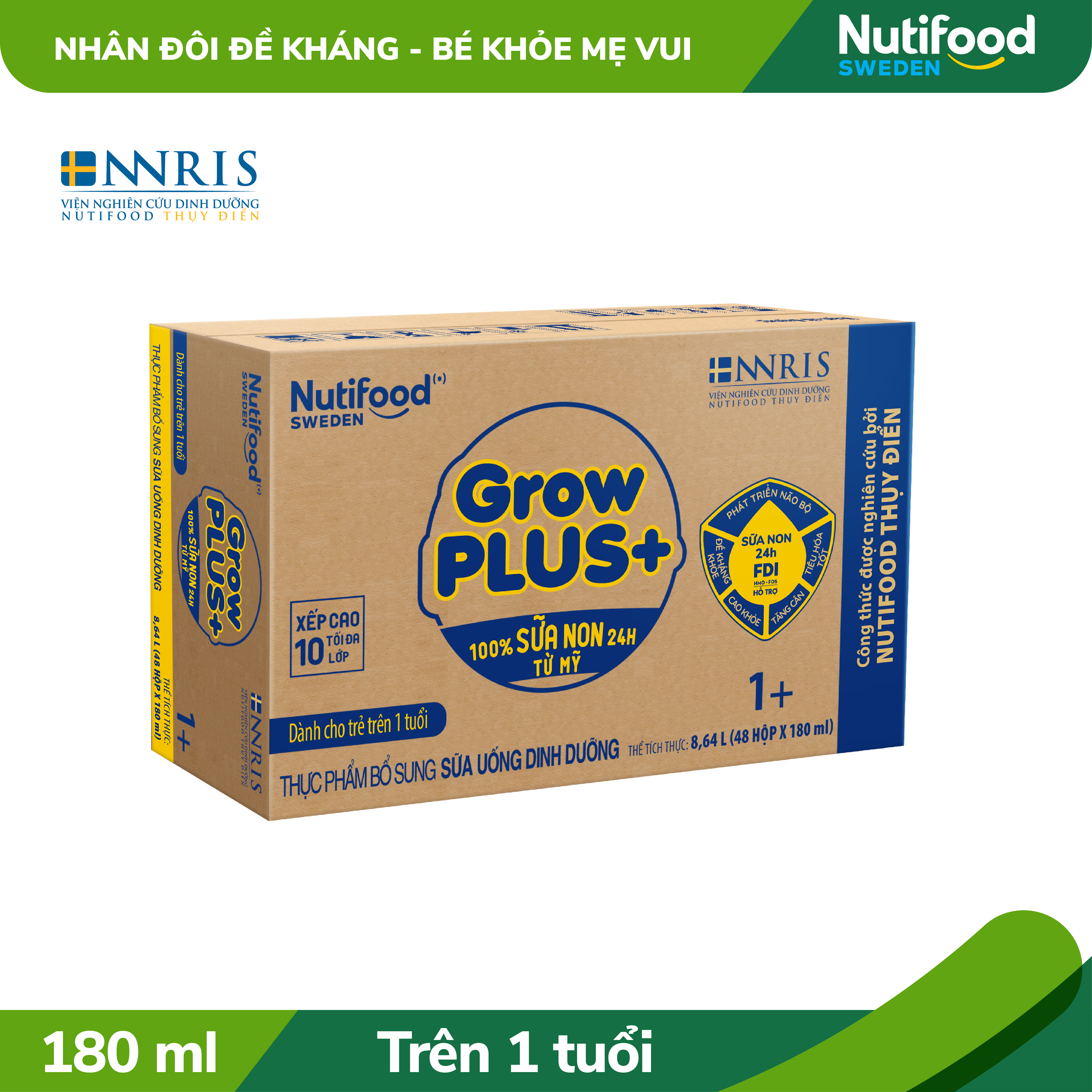 Thùng sữa bột pha sẵn Nutifood GrowPLUS+ Sữa Non Tăng Đề Kháng 1+ (48 hộp x 180ml)