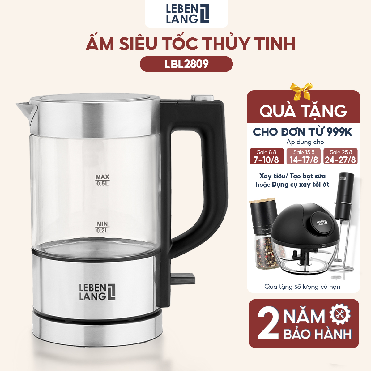 Ấm siêu tốc mini Lebenlang LBL2809, bình đun công suất 1100W, dung tích 500ml, sôi nhanh, nhỏ gọn, tiện lợi, bảo hành 2 năm - hàng chính hãng