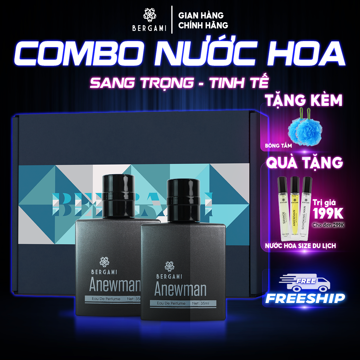 Bộ quà tặng nam giới nước hoa Nam chính hãng dạng xịt 2 chai, 3 tầng hương đột phá lưu hương 12h Bergami 35ml