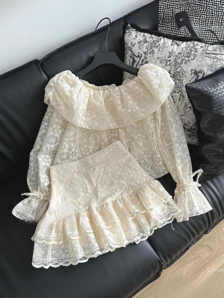 Set váy ren trễ vai thiết kế sang chảnh đầm nữ tay loe phối chân váy dự tiệc HN Clothing