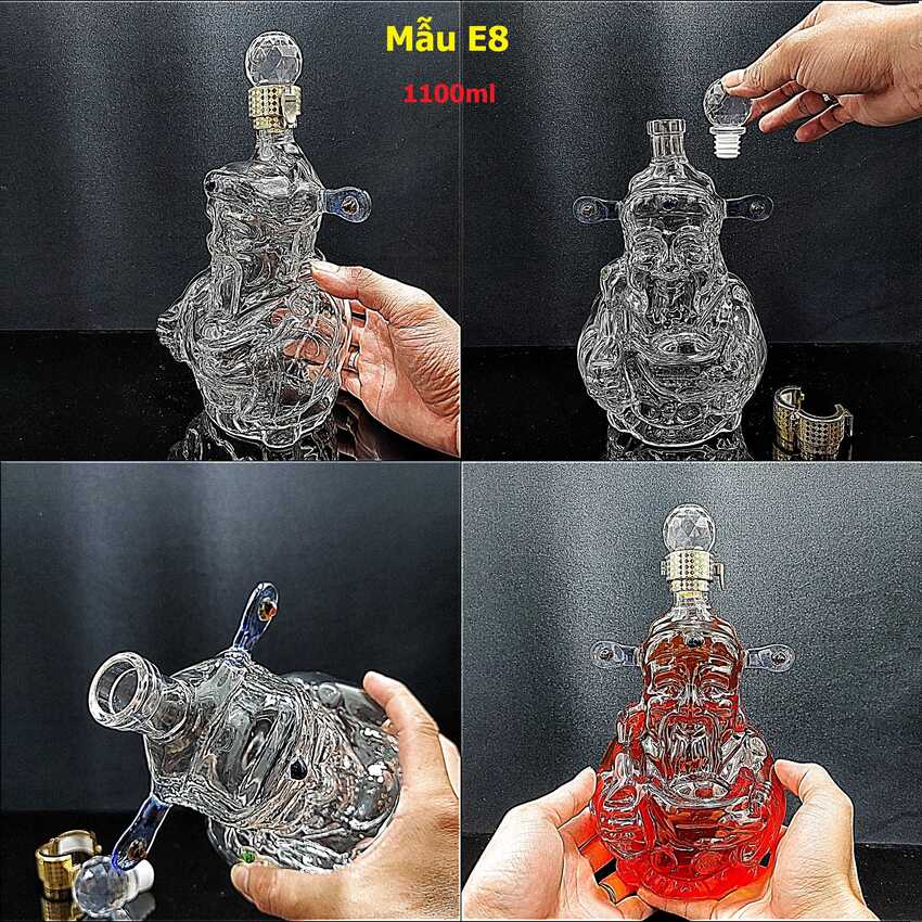 Chai Đựng Rượu Thủy Tinh 1000ML cao cấp mẫu Thần Tài – Chai thủy tinh đựng rượu 1 Lít – Vỏ Chai Rượu Đẹp decor (E8)