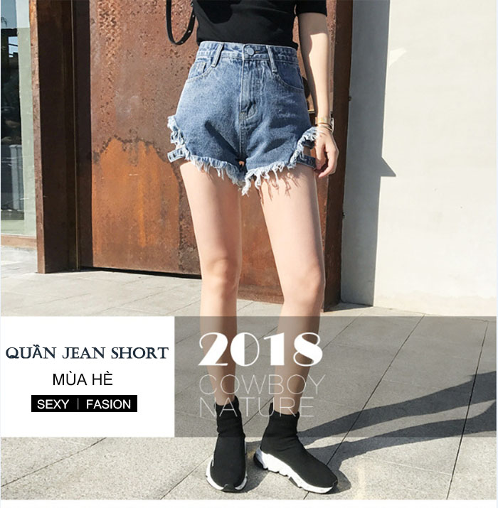 Quần Short Jeans Nữ Xanh Xám Phối Dây Rách Đính Đá Siêu Độc Siêu Lạ