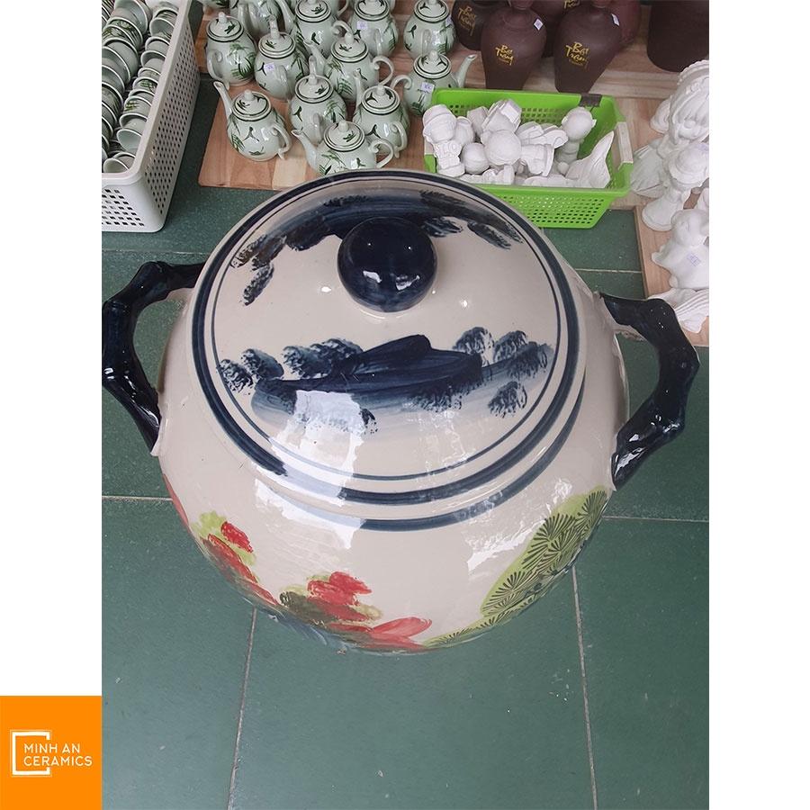 Hũ đựng gạo Minh An bát tràng vẽ phong cảnh bát tràng 30l đựng 25kg gạo