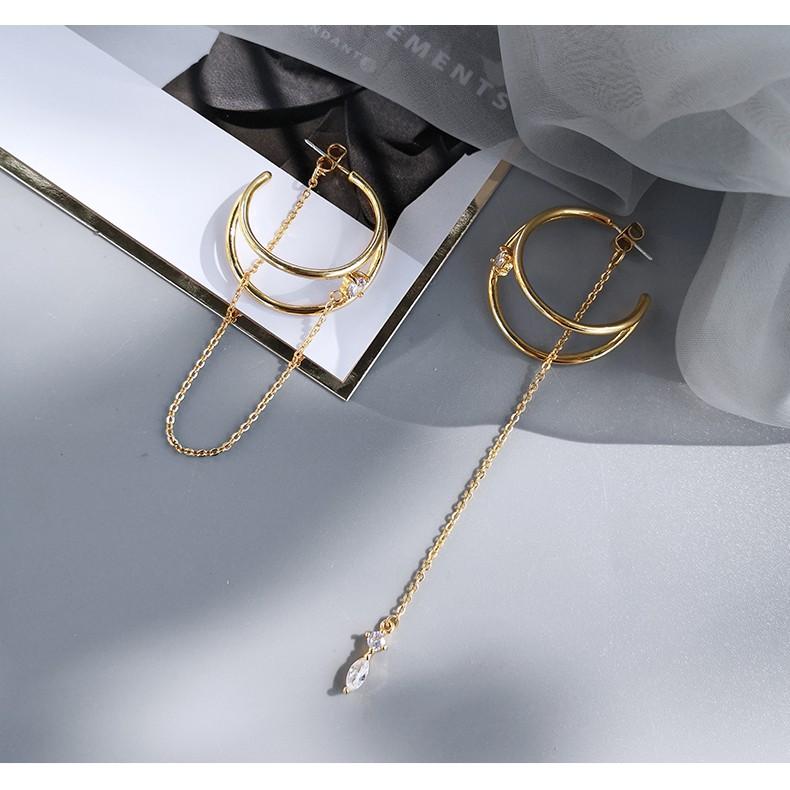 Bông tai tua rua bất đối xứng dạng nhẫn đôi mạnh mẽ và tôn lên khuôn mặt gầy theo phong cách Hàn Quốc - E00001