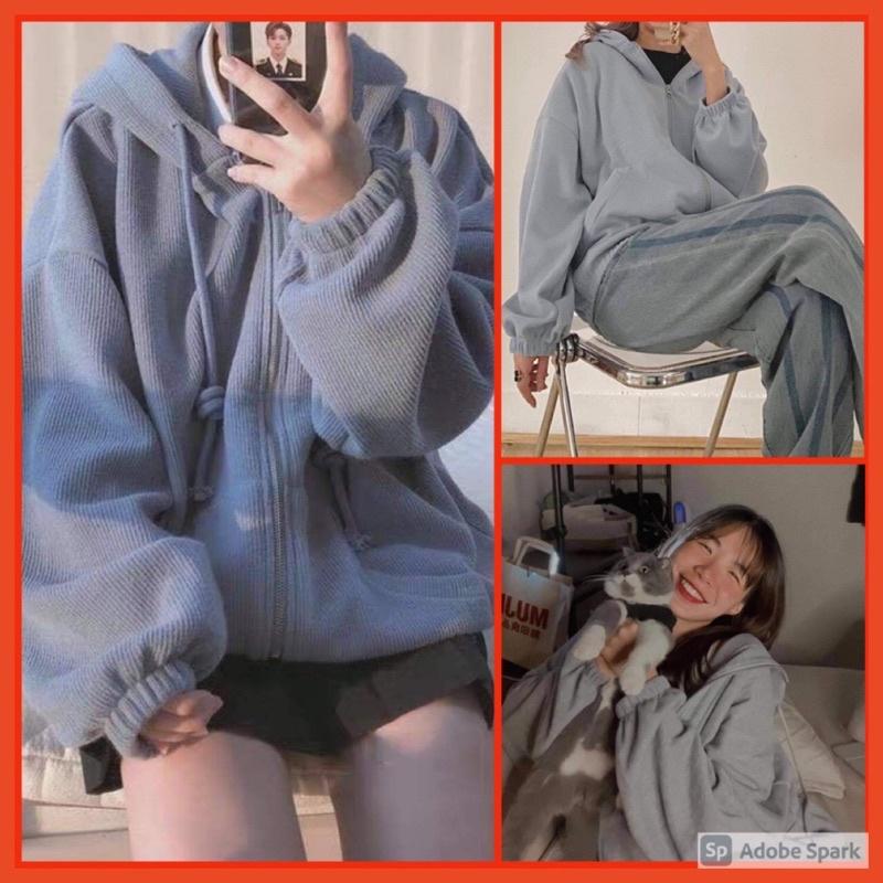 Áo Khoác Hoodie Nỉ Unisex  Áo tay bồng khóa kéo có mũ ulzzang màu Xanh | Xám nam nữ HOT