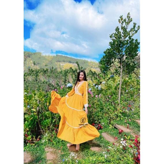 HOANGYEN - Sun Dress đầm tay dài viền ren bohemian voan vàng