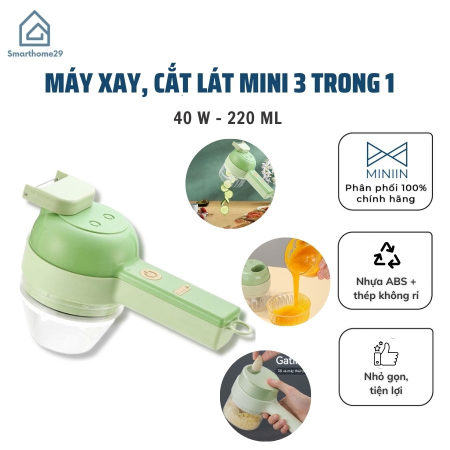 Máy xay mini cầm tay 3 trong 1 (máy xay nghiền tỏi ớt, rau củ, sinh tố;, máy nạo gọt hoa quả; máy cắt sợi, thái lát đồ ăn) dễ dàng vệ sinh - Chính hãng MINIIN (Giao màu ngẫu nhiên)