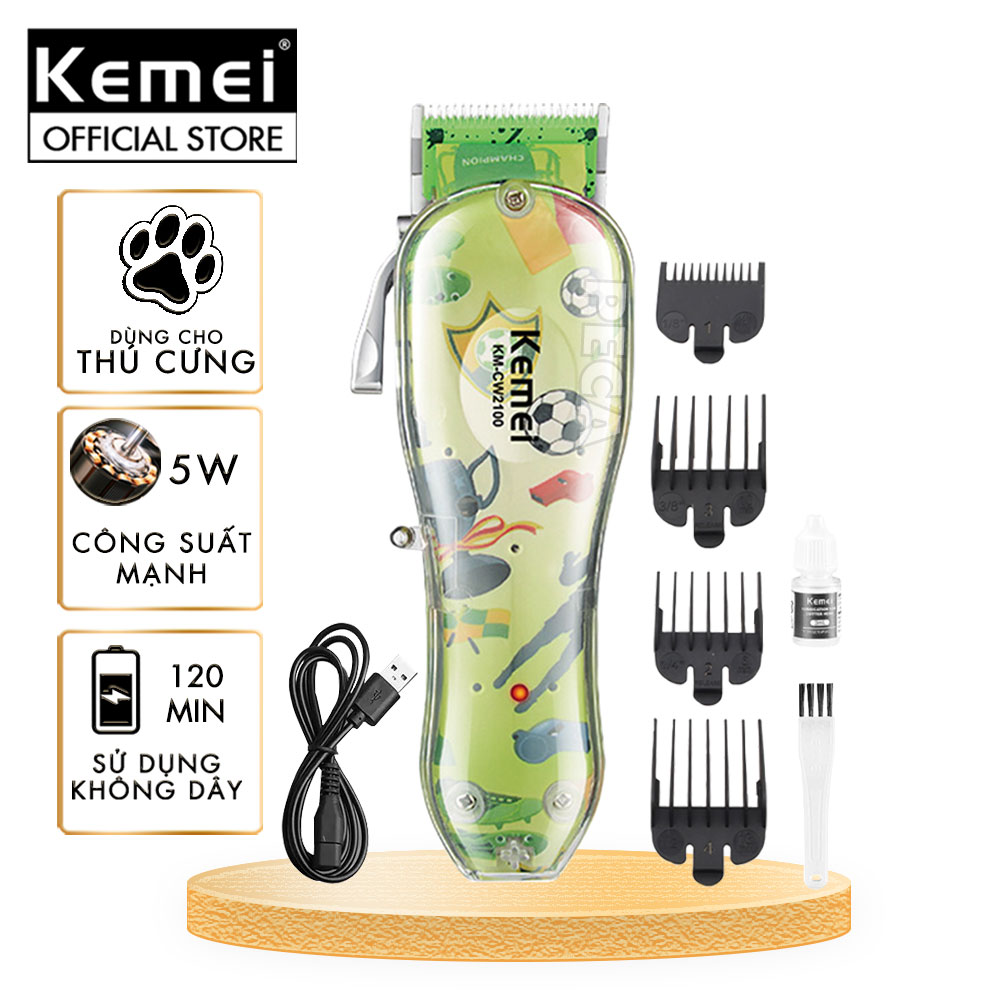 Tông đơ cắt lông thú cưng Kemei KM-CW2100 sử dụng không dây có thể cắt cho chó, mèo...công suất mạnh 5W - Hàng chính hãng
