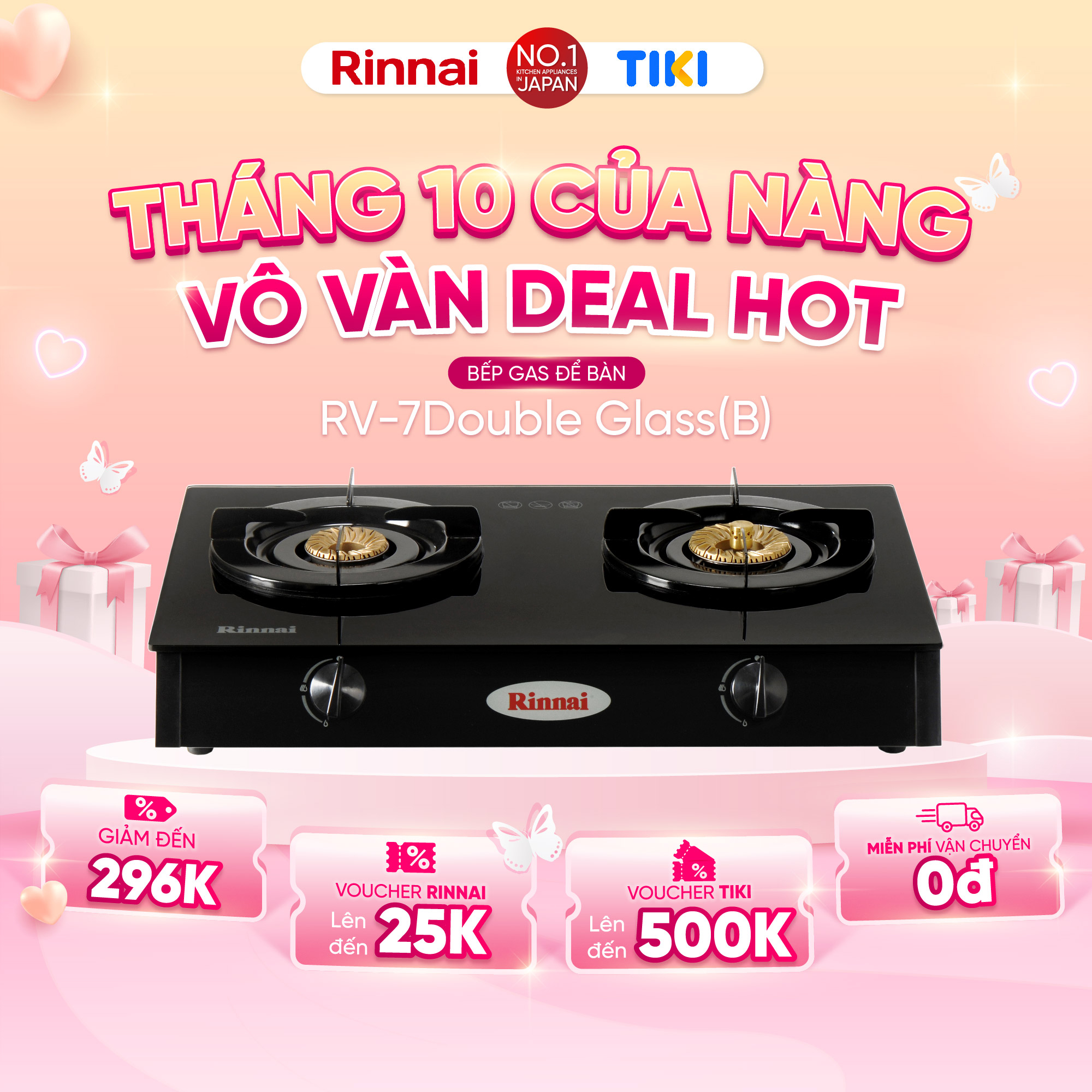 Bếp gas dương Rinnai RV-7Double Glass(B) mặt bếp kính và kiềng bếp men - Hàng chính hãng.
