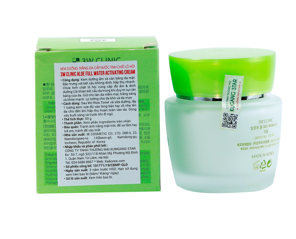 Kem dưỡng trắng da cấp nước tinh chất Lô Hội 3W CLINIC ALOE FULL WATER ACTIVATING CREAM 50ml