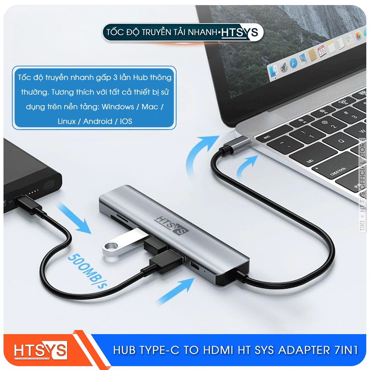 Hub Type C HT SYS 7 in 1 To HDMI, USB 3.0, SD, TF, USB C, PD 100W - Hàng Chính Hãng