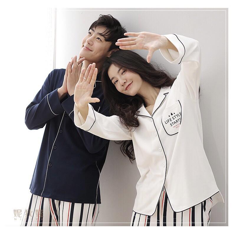 Bộ pyjama nữ vải thun cotton áo trắng Life style họa tiết kẻ sọc