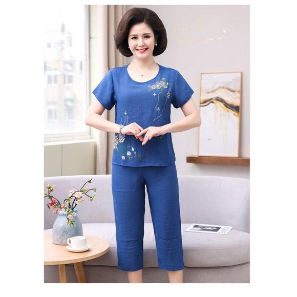 Đồ bộ trung niên cho mẹ, bộ đũi hoa hồng kiểu dáng sang trọng