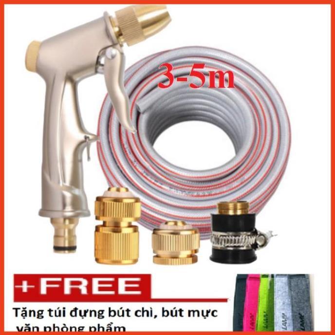 Bộ dây vòi xịt nước rửa xe, tưới cây loại 3m, 5m 206701-1 đầu đồng, cút đồng,nối đồng+ tặng túi đựng bút