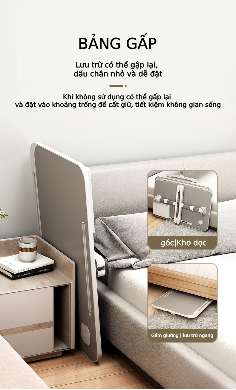 Bàn làm việc ngồi giường mặt bàn kích thước nhỏ gọn có ổ cắm tiện lợi thông minh, bàn học đa năng nâng hạ chiều cao chân khung nhôm