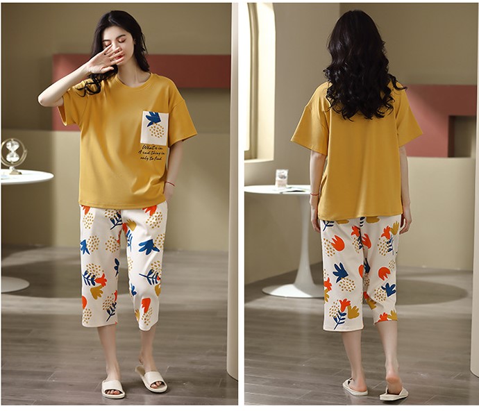 Đồ bộ mặc nhà cotton nữ tay ngắn quần lửng hình hoa vàng 575