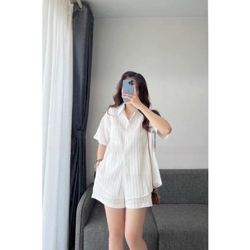 Bộ Áo Sơ Mi Cộc Tay Dây Buộc Lưng Quần Short Dáng Thụng Vải Đũi Gân