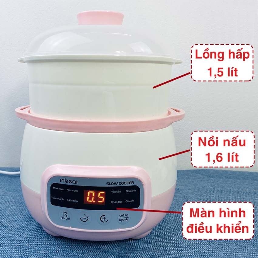 Nồi Nấu Cháo Chậm Chính Hãng INBEAR 1,6L - 8 Chức Năng Nấu Cháo Cho Bé, Nồi Chưng Yến, Nồi Hầm Hấp Cách Thủy Đa Năng, Có Xửng Hấp Và Thố Gốm , Tặng Thìa Báo Nóng Silicon