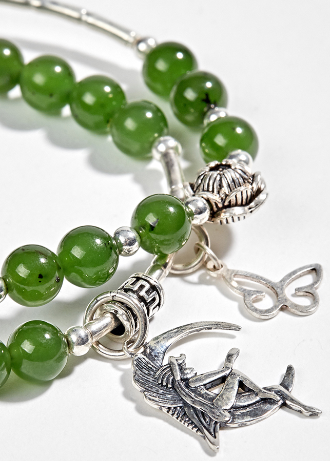 Vòng 2 Line Ngọc Bích Phối Charm Hoa Sen Bạc 6mm Ngọc Quý Gemstones