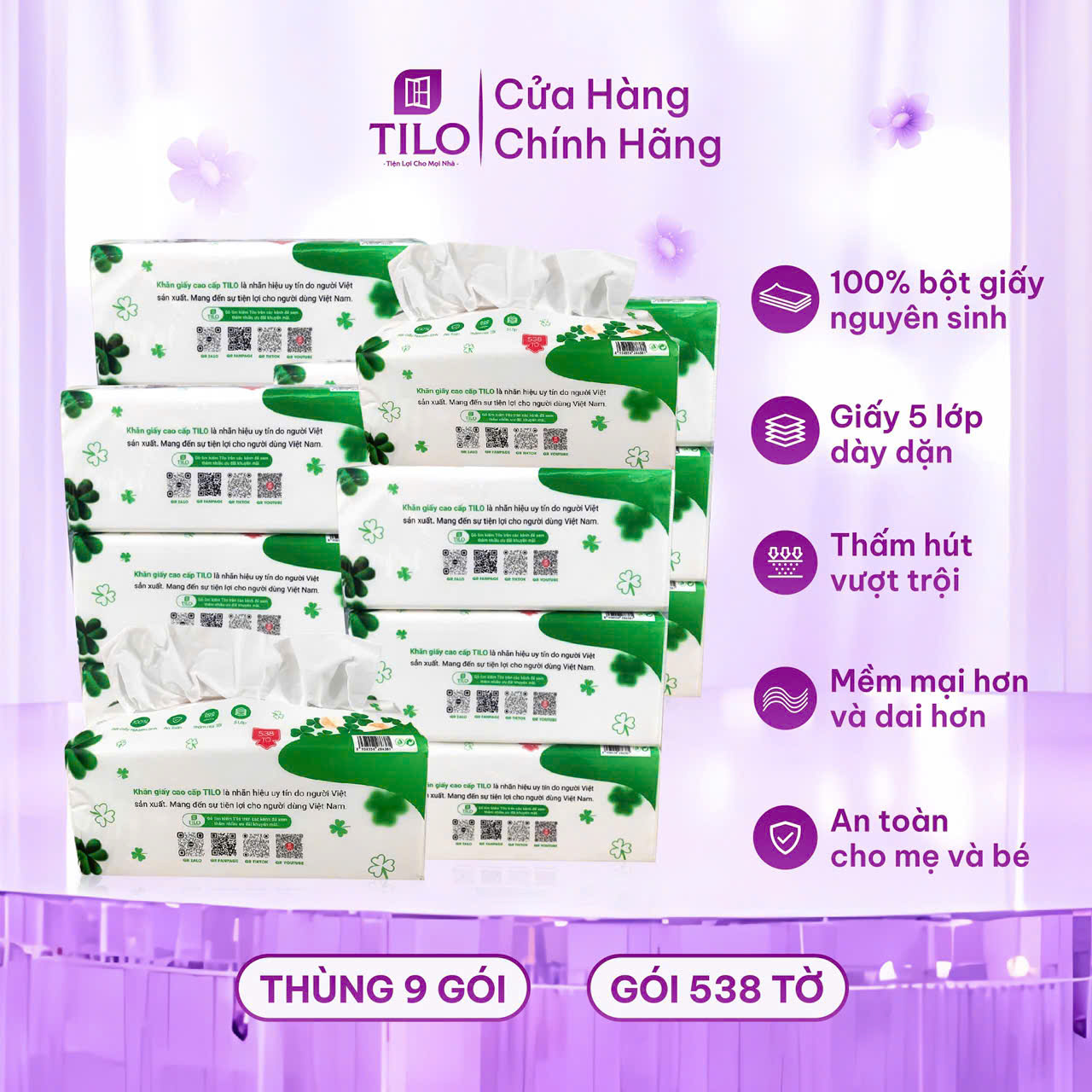 Khăn giấy rút bàn TiLo 538 tờ khổ lớn 5 lớp dai mềm mịn, an toàn, siêu tiện lợi, siêu tiết kiệm