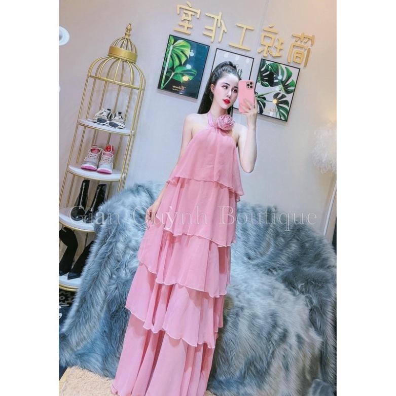 Đầm váy maxi voan chiffon lót 2 lớp mút ngực trắng tầng yếm hoa cổ vàng đi biển dự tiệc dạo phố bigsize gợi cảm sexy