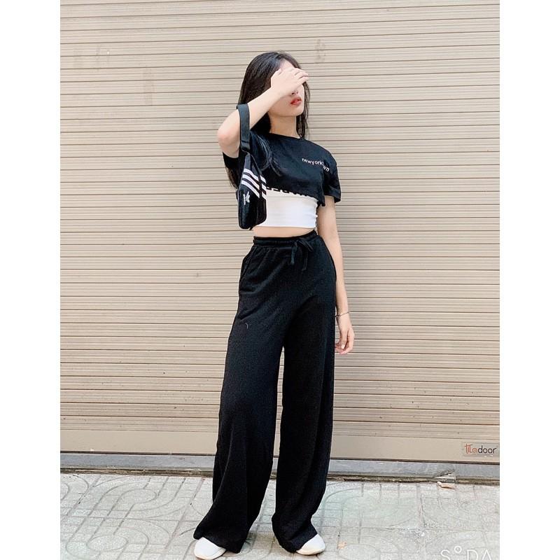 Set Combo Bộ Thun Hở Eo 2 Áo Kép Croptop Và Áo Dây Kèm Quần Da Cá Ống Rộng Hàn Quốc 2021 Siêu Xinh Năng Động
