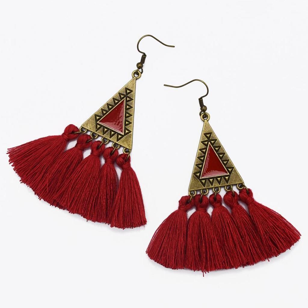 Vintage Fringe Tassel Earrings Bohemian Dangle Stud Women Jewelry Red