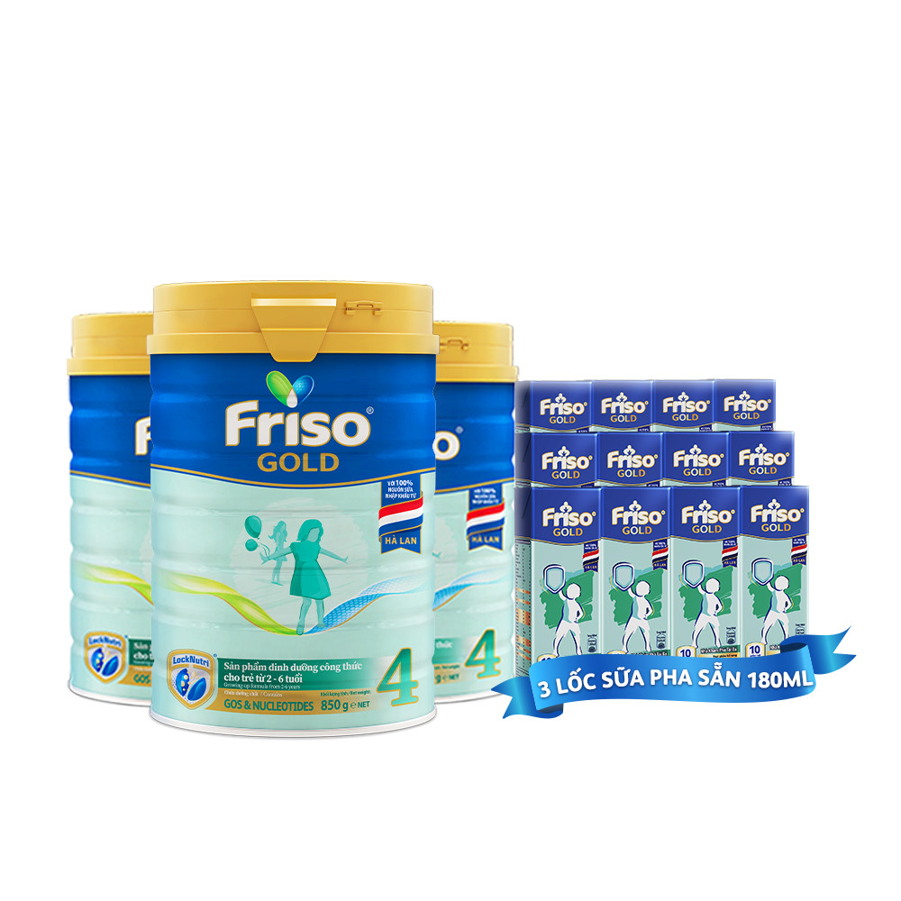 Combo 3 lon sữa Bột Friso Gold 4 850g (Dành Cho Trẻ Từ 2 - 6 Tuổi) + Tặng 3 lốc RDT 180ml