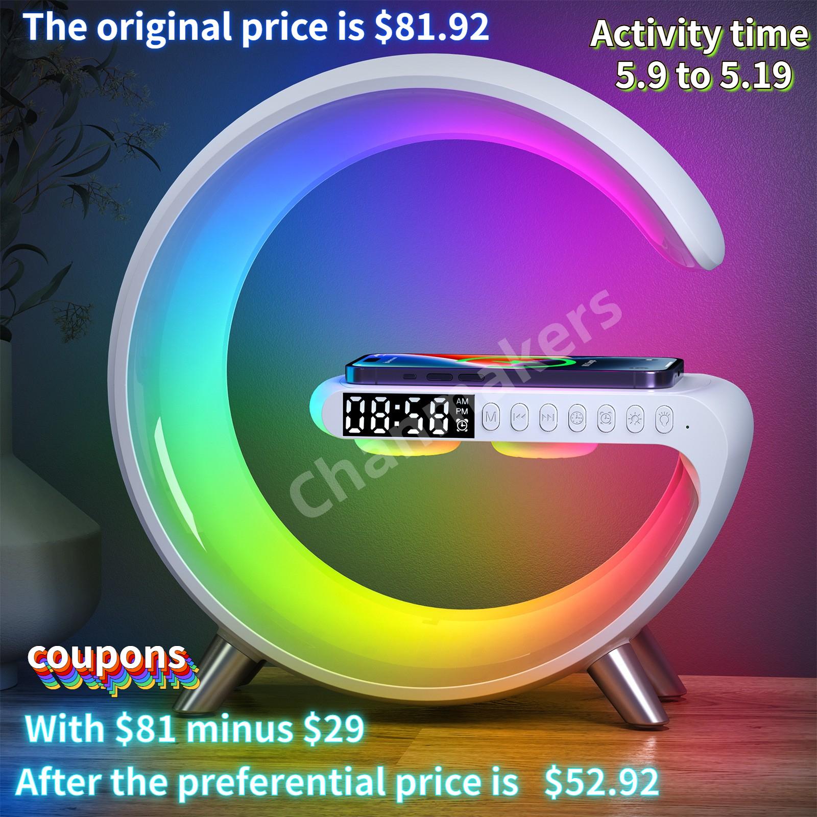 Đồng hồ báo thức đa chức năng, Đèn ban đêm, Loa Bluetooth Sạc không dây, Điều khiển ứng dụng thông minh, Đèn LED thông minh, Màu sắc: Đen: Đen