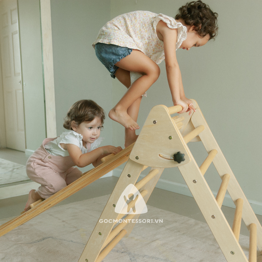Combo Pikler Triangle 120cm Góc Montessori Giúp Trẻ Phát Triển Vận Động Thô: Thang Tam Giác Vận Động Gấp Gọn + Tấm Trèo Kiêm Cầu Trượt 120cm