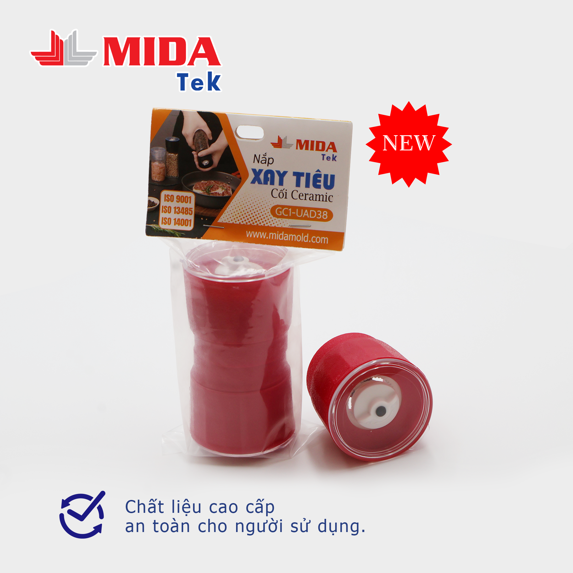 Bộ 2 Nắp xay tiêu MIDATEK cối xay ceramic Màu Đỏ cho hũ nhựa đường kính 38mm