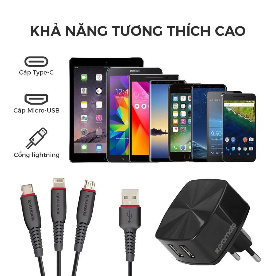 Cốc Sạc Promate Flexcharge.Eu Cốc 2 Cổng Usb Kèm Dây 3-In-1 Dài 1.2M Chuẩn Eu - Hàng Chính Hãng