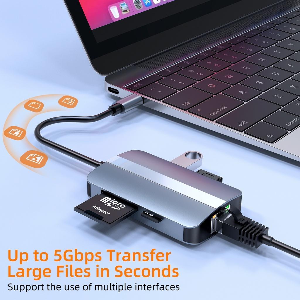 Hub Chuyển Đổi USB C Hub 5 Trong 1 Type C Sang RJ45 100MB / S Đầu Đọc Thẻ TF SD Type-C Chất Lượng Cao