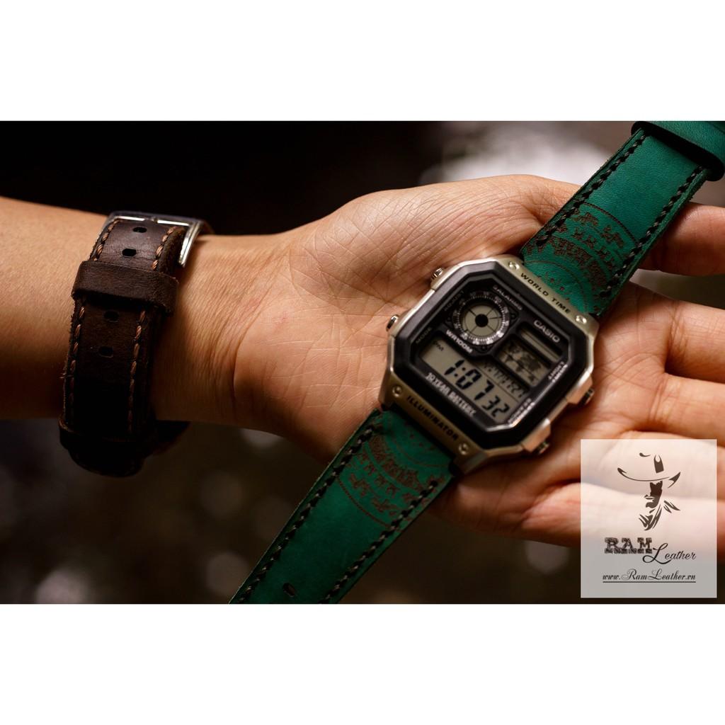 DÂY ĐỒNG HỒ TRỐNG ĐỒNG CASIO AE1200/SEIKO5 RAM GREEN DA BÒ THẬT