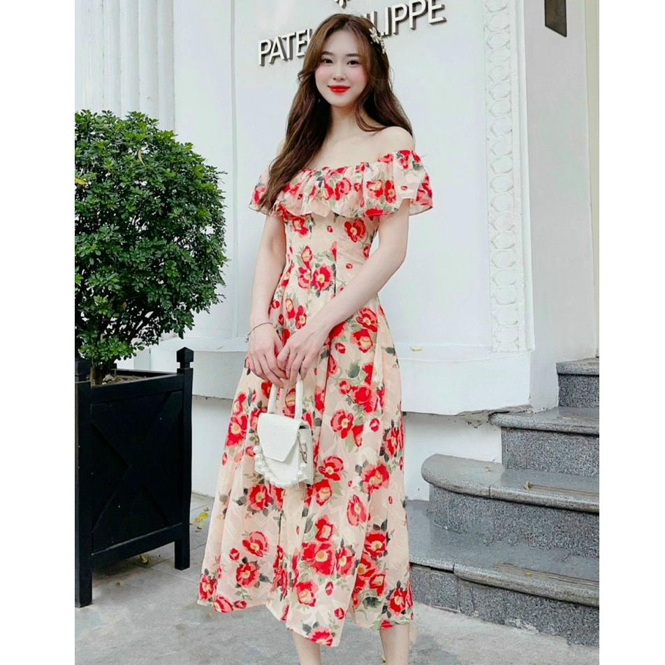 Đầm váy voan nữ du lịch ngày hè thêu in hoa dự tiệc trễ vai quyến rũ
