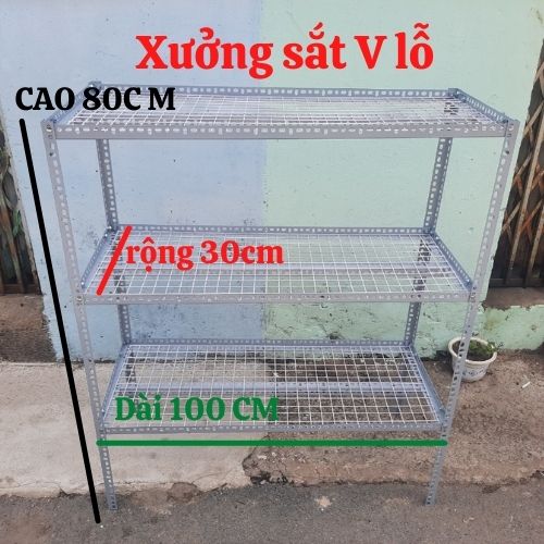 kệ sắt v lỗ dạng vỉ lưới ô vuông,kích thước(R 20cmx Dài1mxCao1,5m) 4 tầng sắt v3