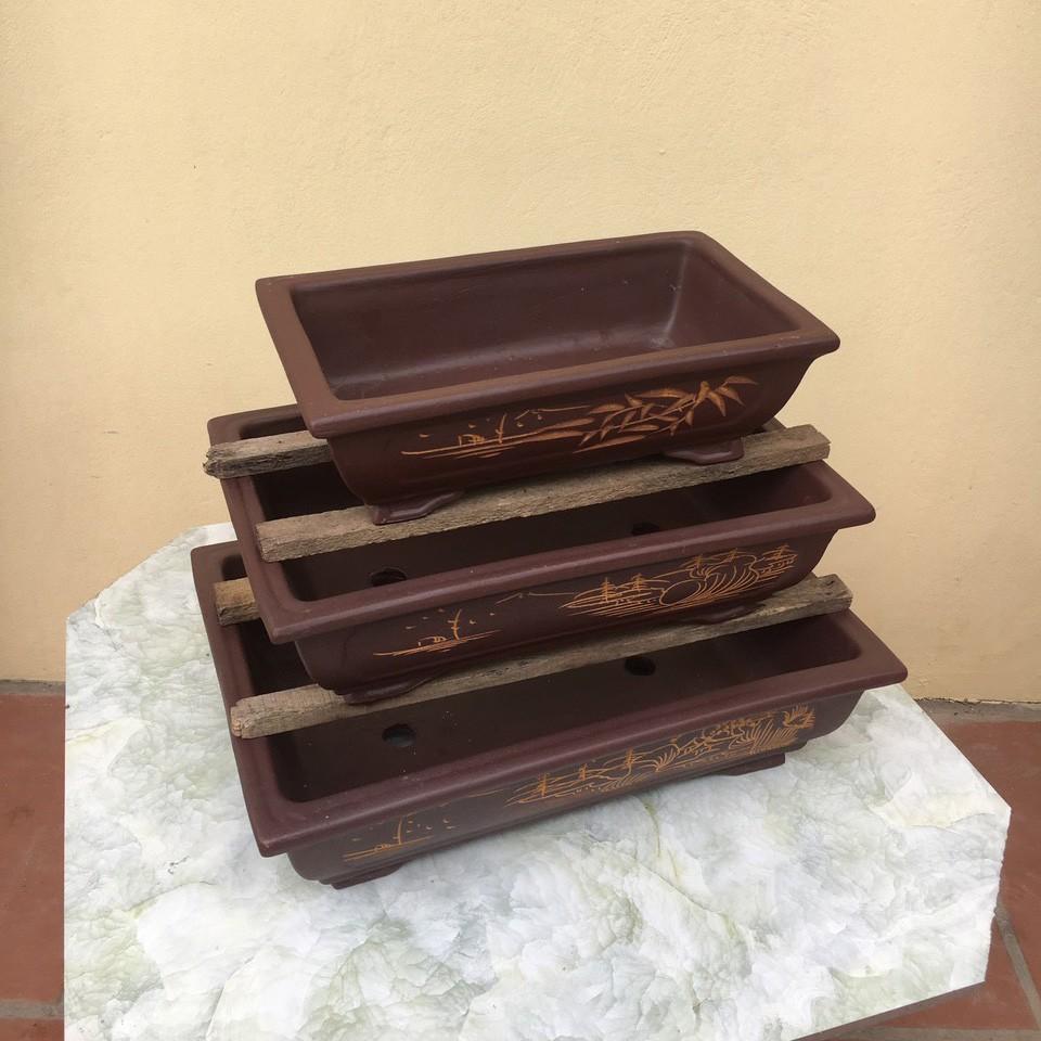 Chậu bonsai Chữ nhật đất nung gốm Bát tràng 3 size CB-06