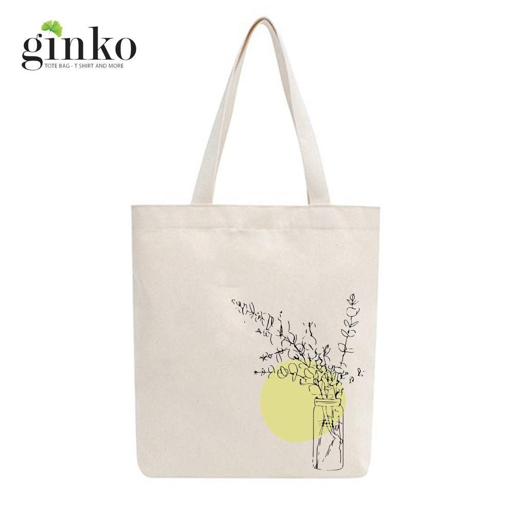Túi Tote Vải Mộc Ginko kiểu basic có dây kéo khóa miệng túi đựng vừa laptop 14 inch và nhiều đồ dùng khác In Hình Minimalism Art M38