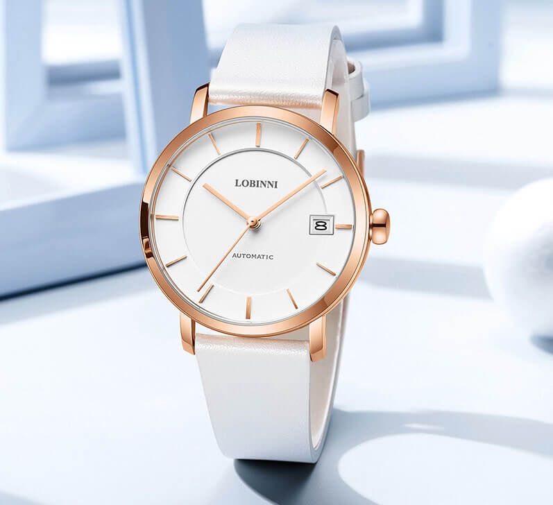 Đồng hồ nữ chính hãng Lobinni L5016-5 ,Fullbox, Kính sapphire ,chống xước,chống nước,mặt trắng vỏ vàng hồng dây da trắng xịn, thép không gỉ 316L, Mới 100%,Bảo hành 24 tháng,thiết kế đơn giản,trẻ trung và sang trọng