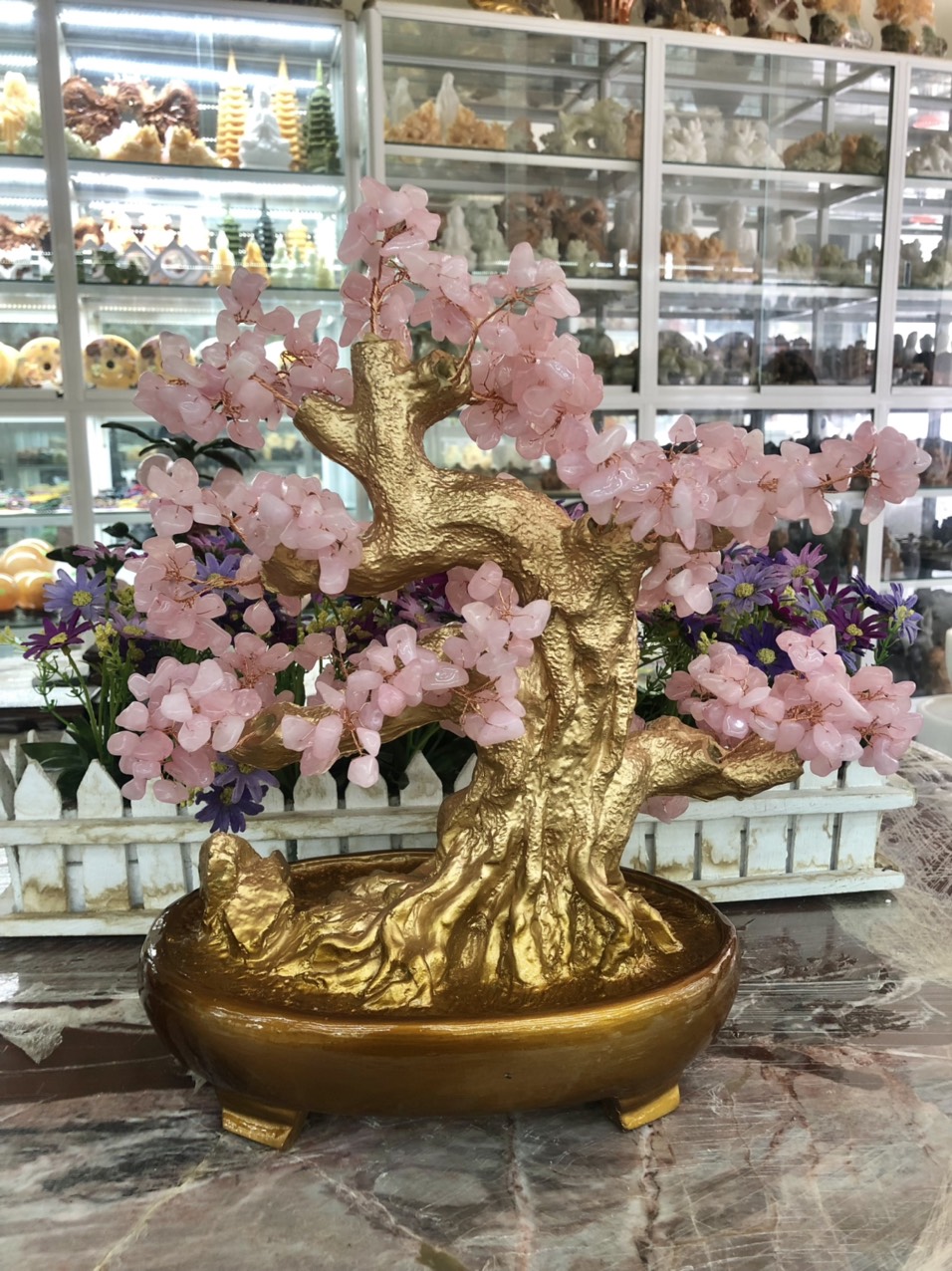 Cây tài lộc bonsai phong thủy đá thạch anh hồng - Cao 40 cm