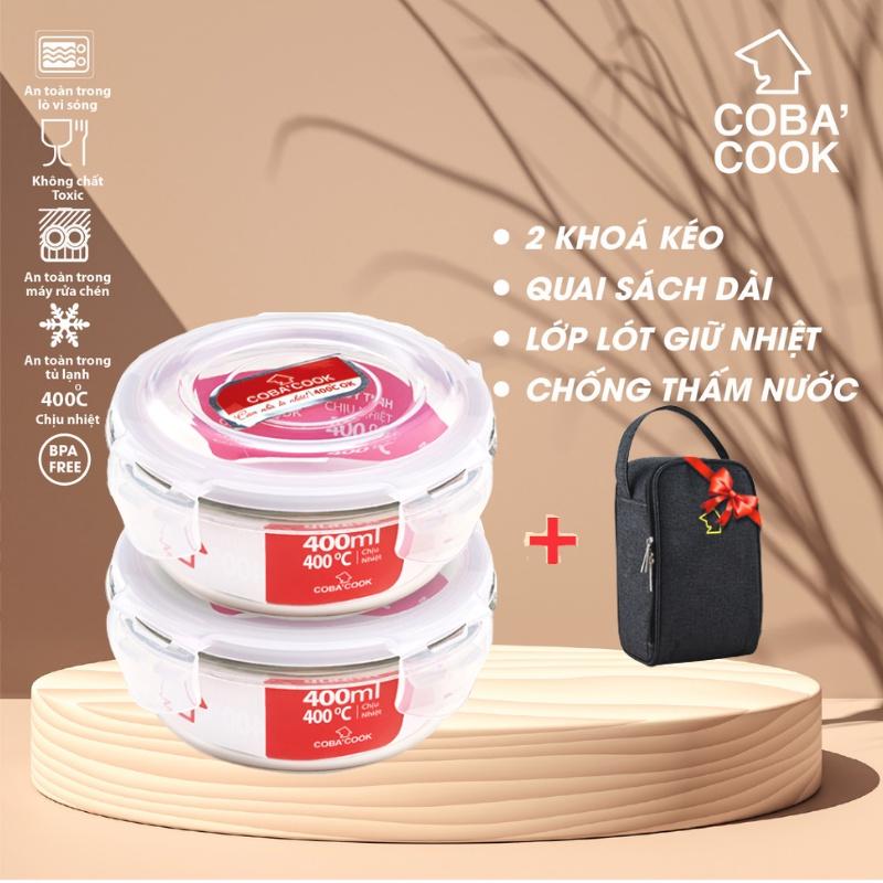 Bộ 2 hộp thủy tinh COBACOOK chịu nhiệt dung tích 400ml KÈM 1 túi giữ nhiệt -CCR42BL