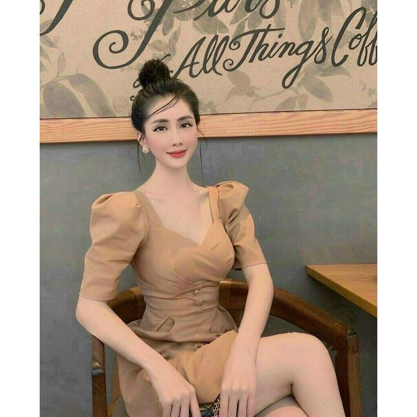 Đầm Xòe Tay Phồng Nút Bọc