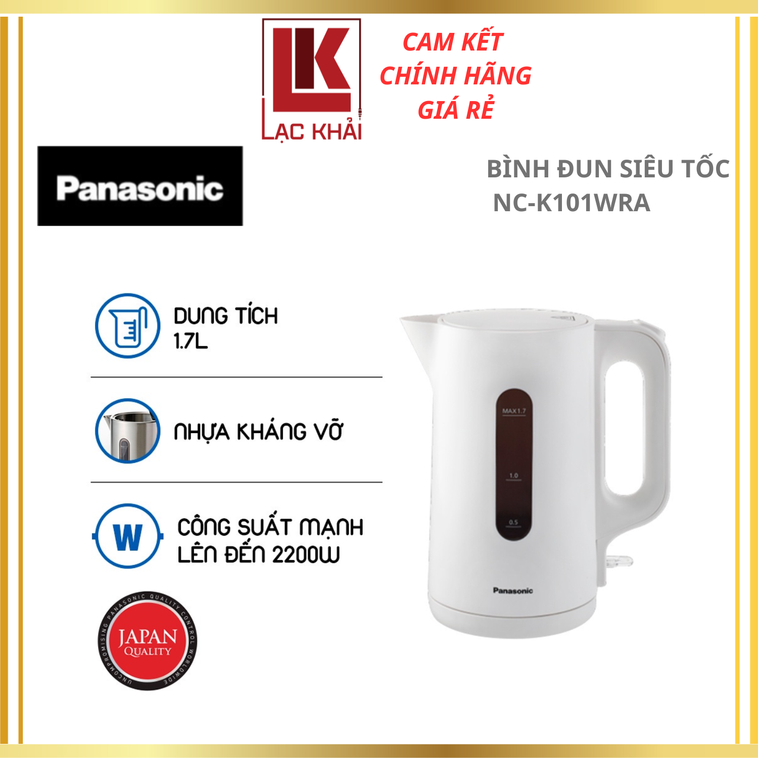 Bình đun đun siêu tốc Panasonic NC-K101WRA - 1.7L - Nhựa kháng vỡ - Công suất mạnh lên đến 2200W - Hàng chính hãng - Bảo hành 12 tháng