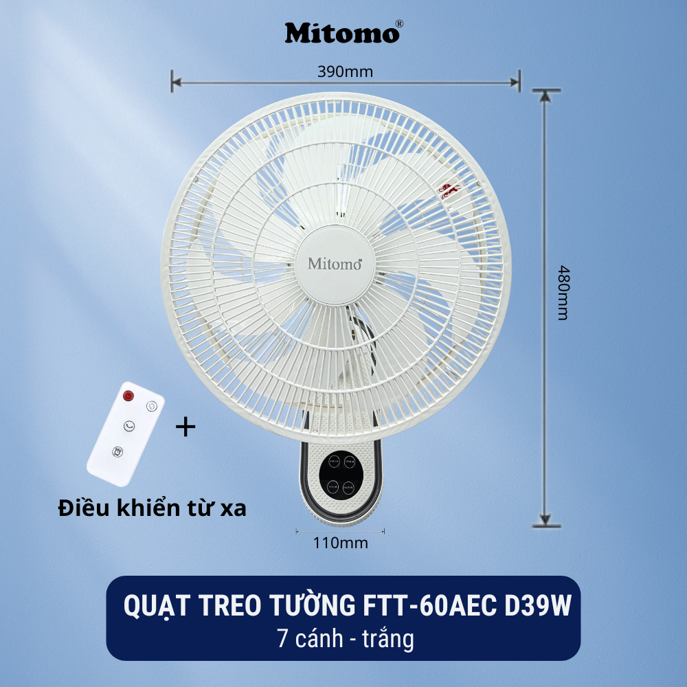 Quạt treo tường FTT-60AEC-D39W có remote, công suất 60W, hẹn giờ thông minh lên đến 12 tiếng - hàng chính hãng Bảo hành 2 năm