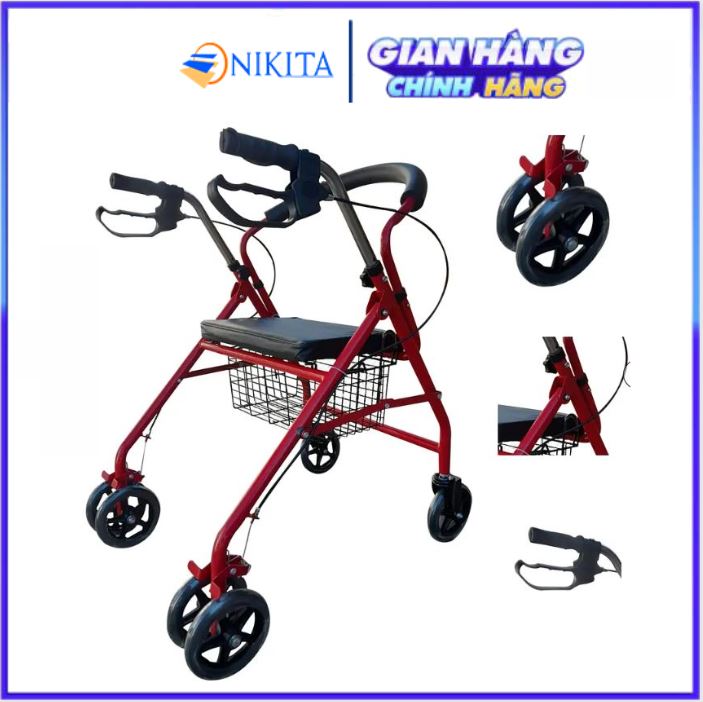 Xe tập đi cho người già, có ghế ngồi, bánh xe lớn dễ di chuyển, khung thép chắc chắn, có giỏ đựng đồ, chính hãng Nikita