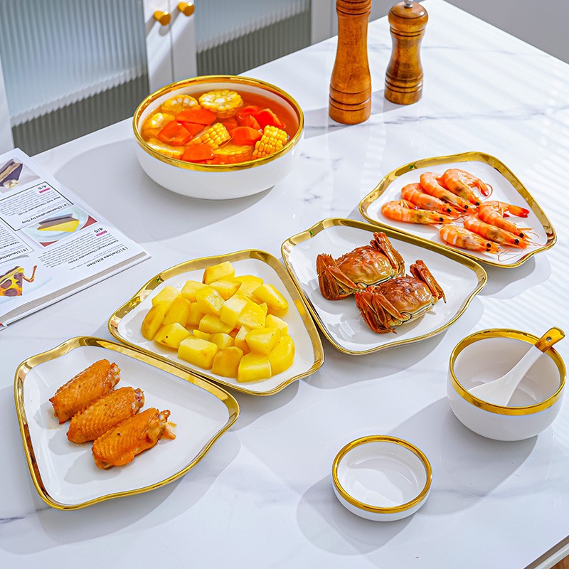 Bộ bát đĩa gốm sứ cao cấp bộ bát đĩa hoa mặt trời viền vàng kim sang chảnh